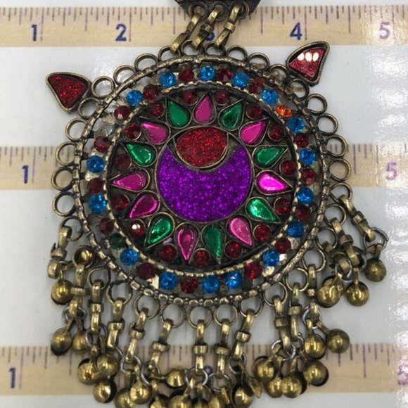 Afghan Vintage Multicolor Glass Stones Teeka, Massive Teeka With Dangling Bells main image 7